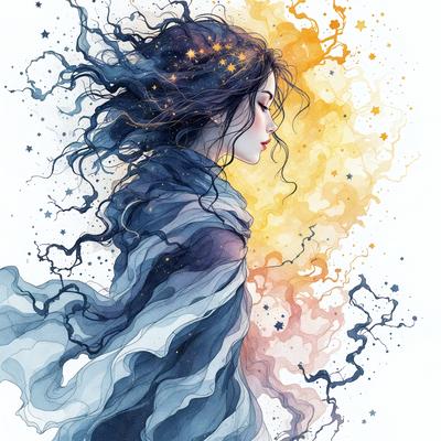 The primary subject of the image is a woman with long hair, wearing a blue scarf. She is standing in front of a colorful background, which includes yellow, orange, and blue colors. The visual style of the image is a combination of digital art and illustration, creating a vibrant and artistic atmosphere. The woman appears to be the main focus of the image, with her long hair and blue scarf being the most prominent features.